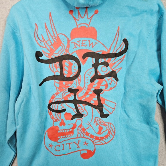 Ed Hardy Hoodie Mens Medium Baby Blue Pullover Flaming Skull Tattoo Fire - Picture 7 of 7